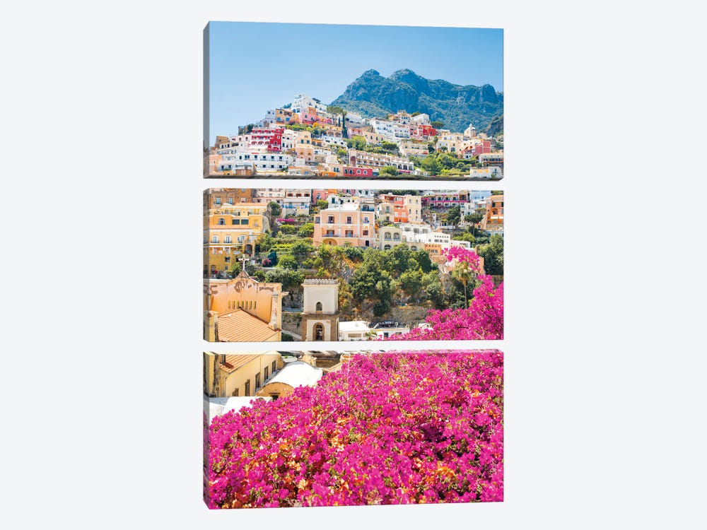 Pink Flowers In Positano by Victoria Metaxas 3-piece Canvas Art Print