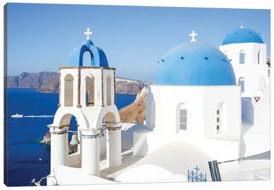 Santa Irini Greece Canvas Art Print - Blue Domed Church Santorini