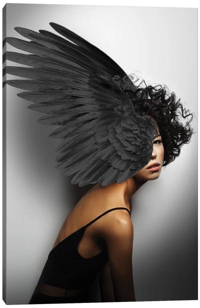 Woman And Wings Black Canvas Art Print - Alexandre Venancio
