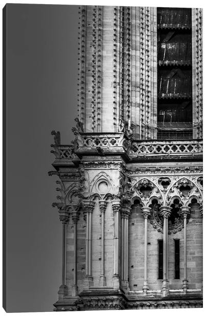 Paris In Black And White Notre-Dame Detail Canvas Art Print - Famous Places of Worship