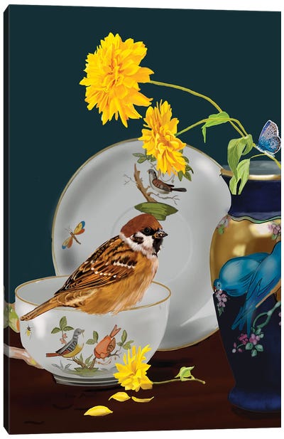 Sparrow In Still Life Canvas Art Print - Vicki Newton