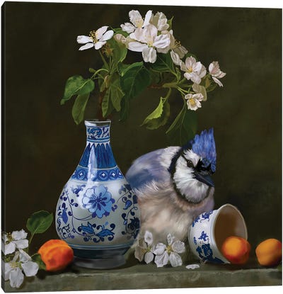 Blue Jay In Still Life Canvas Art Print - Orange Art