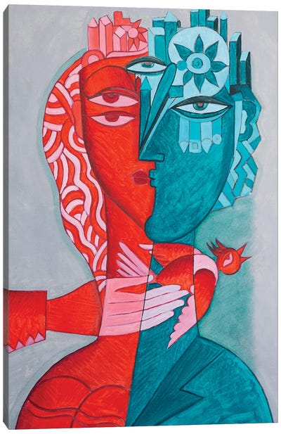 Woman With Red Bird Canvas Art Print - Cubist Visage