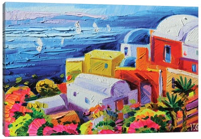 Sunny Day In Santorini II Canvas Art Print - Blue Domed Church Santorini