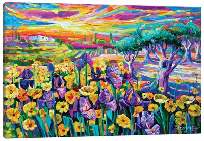 Irises Among The Yellow Flowers Canvas Art Print - Iris Art