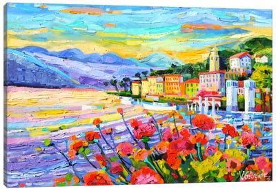 Geraniums At Lake Como Canvas Art Print - Lake & Ocean Sunrise & Sunset Art