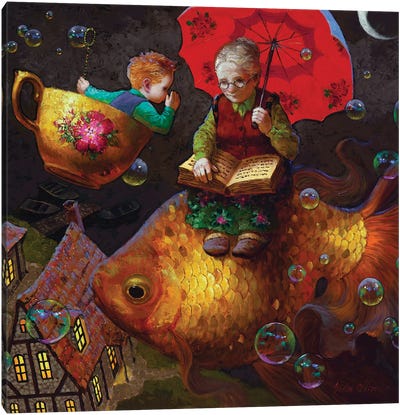 Midnight Secret (Grandma On Fish) Canvas Art Print - Goldfish