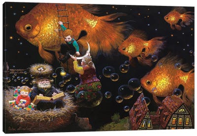 New Moon Flying Golden Fishes Canvas Art Print - Victor Nizovtsev