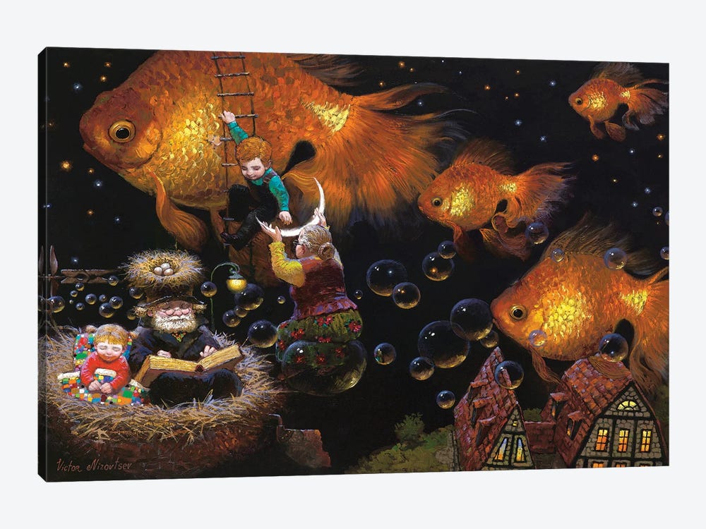 New Moon Flying Golden Fishes by Victor Nizovtsev 1-piece Canvas Print