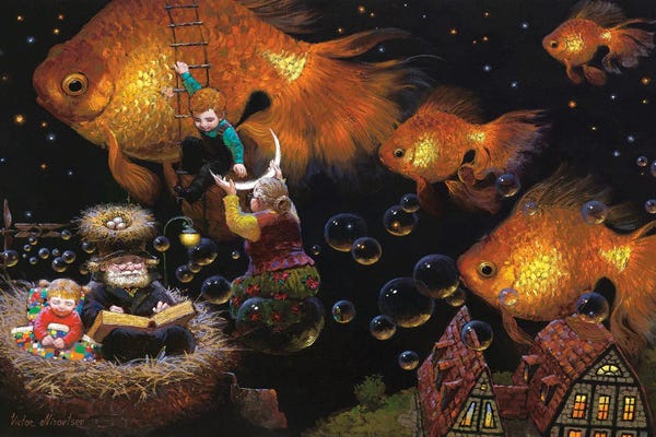 Illuminated Dreamscapes: New Moon Flying Golden Fishes by Victor Nizovtsev