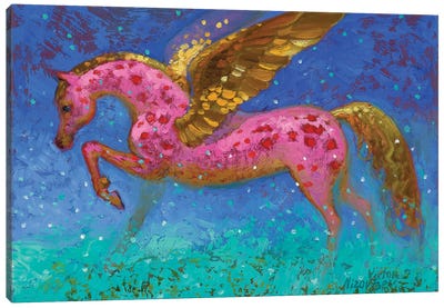 Pink Pegasus Canvas Art Print - Gold & Teal Art