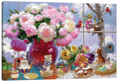 Winter Still Life With Peonies Canvas Art Print - Sweets & Desserts