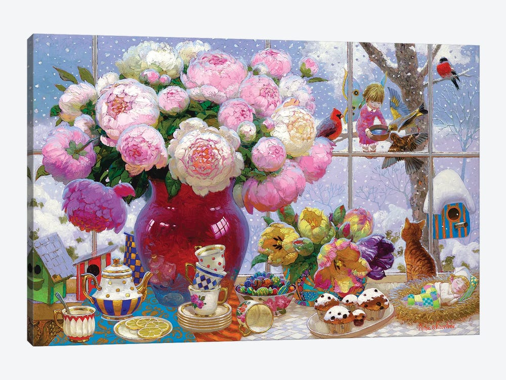 Winter Still Life With Peonies by Victor Nizovtsev 1-piece Canvas Art