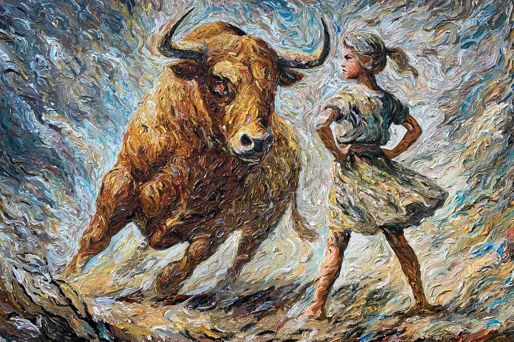 Fearless Girl Vs Bull Wildlife Oil Painting Strength Power Courage And Balance by Viola Painting wall art