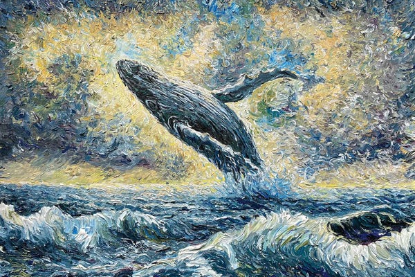 Whales: Whale Breach At Sunrise Ocean Wildlife Oil Painting Sea Waves And Nature by Viola Painting