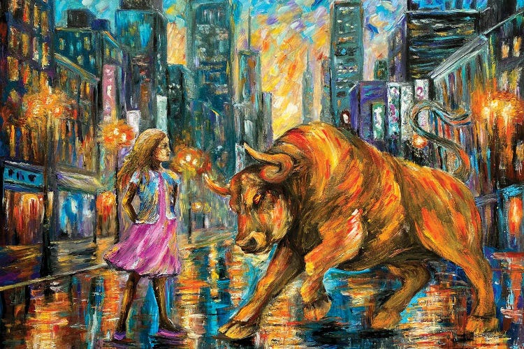 Fearless Girl And Charging Bull Cityscape by Viola Painting wall art