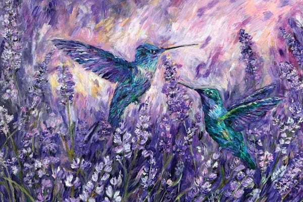 Fine Art Print: Hummingbirds In The Lavender Flower Field, Spring Floral Bird by Viola Painting