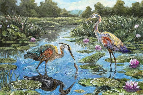 Great Blue Heron In Marsh Lily Pond