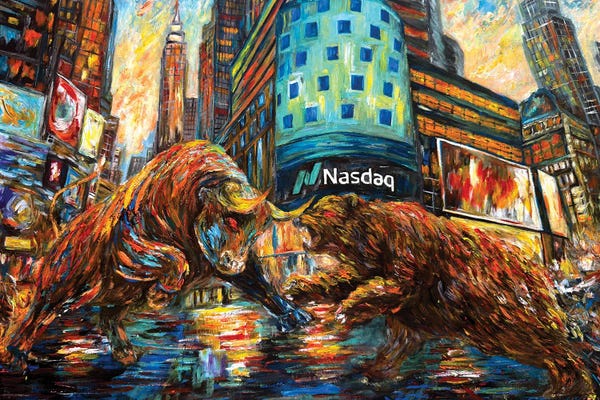Fine Art Print: Wall Street Bull Vs Bear Stock Exchange by Viola Painting