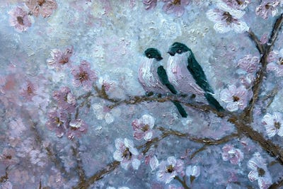 Viola Painting - Canvas Prints: Songbird Pair - Cherry Blossom Branch Pink Blue Bird Spring Floral Wildlife Art by Viola Painting