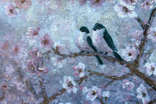 Songbird Pair - Cherry Blossom Branch Pink Blue Bird Spring Floral Wildlife Art