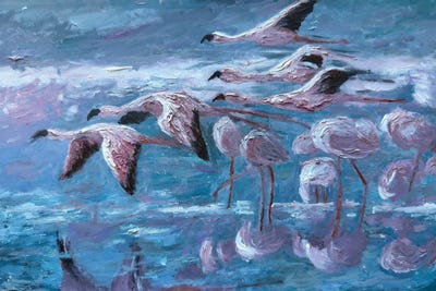 Viola Painting - Canvas Prints: Flamingo Flight - Pink Flamingo Flock Blue Water Tropical Wildlife Nature Bird Art by Viola Painting