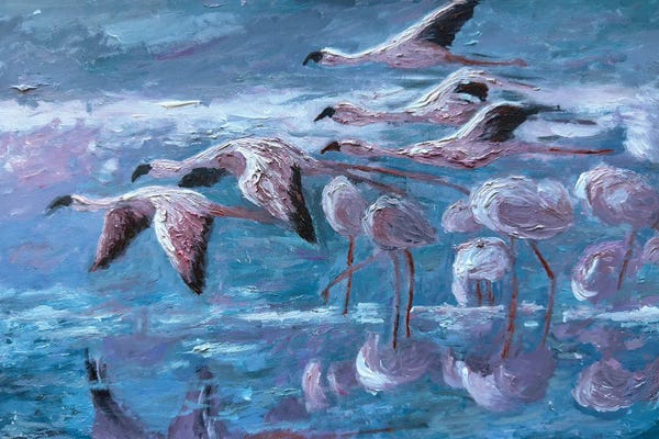 Fine Art Print: Flamingo Flight - Pink Flamingo Flock Blue Water Tropical Wildlife Nature Bird Art by Viola Painting
