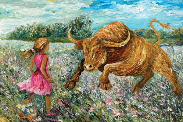 Fearless Spirit - Fearless Girl Facing The Charging Bull New York Wall Street Bull Painting Powerful Financial Artwork