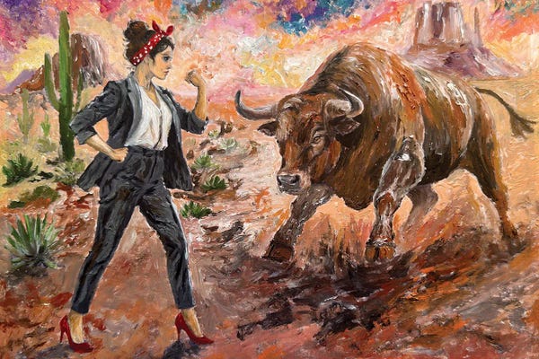 Viola Painting: Fearless Girl In Business Suit Vs Charging Bull by Viola Painting
