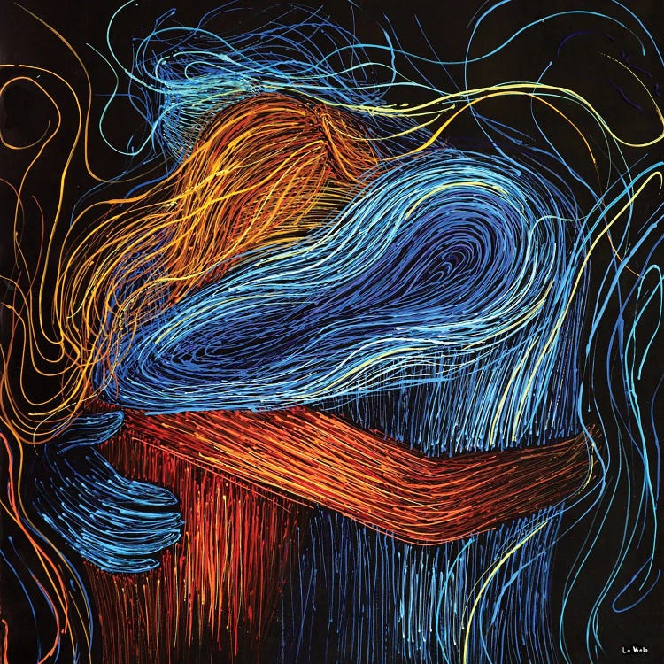 Abstract artistic illustration of a woman hugging herself with