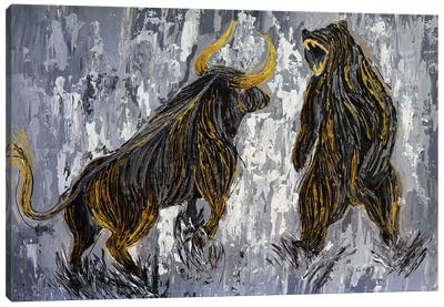 Bull Vs Bear Stock Market Wall Street Canvas Art Print - Brown Bear Art
