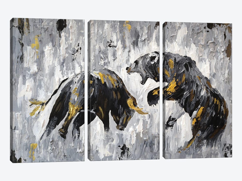 Bull vs Bear Stock Market Close Ups I by Viola Painting 3-piece Canvas Artwork