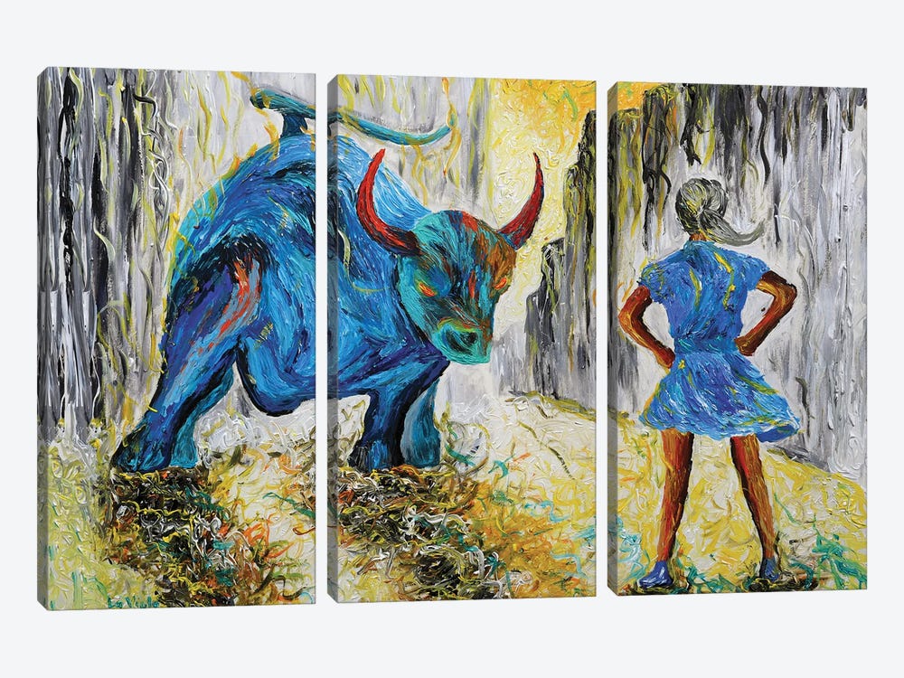Fearless Girl Vs Bull Wall Street by Viola Painting 3-piece Canvas Print