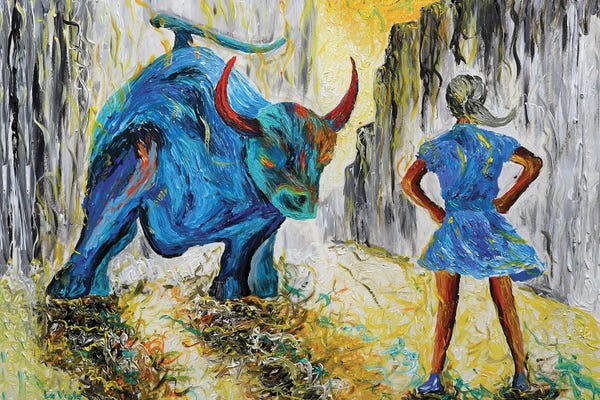 Current Day Impressionism: Fearless Girl Vs Bull Wall Street III by Viola Painting