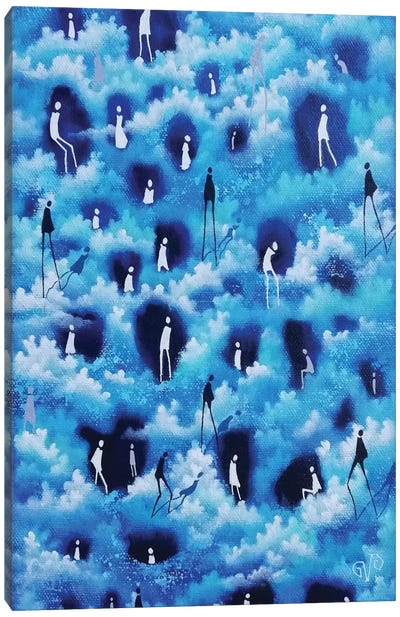 Troglodytes Of The Sky Canvas Art Print - Black, White & Blue Art