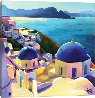 Santorini View Canvas Art Print - Blue Domed Church Santorini