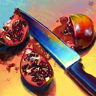 Pomegranate Mess And A Knife by Very Berry art print