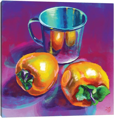 Persimmons And A Metal Jug Canvas Art Print - Very Berry