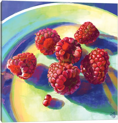Raspberries On A Plate Canvas Art Print - Fruit Art