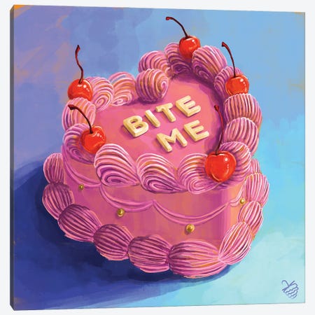 "Bite Me" Heart-Shaped Cake Canvas Print #VRB86} by Very Berry Canvas Wall Art
