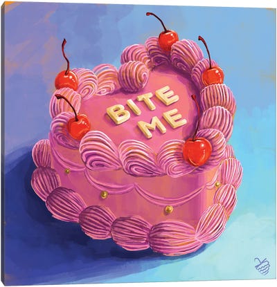 "Bite Me" Heart-Shaped Cake Canvas Art Print - Anti-Valentine's Day
