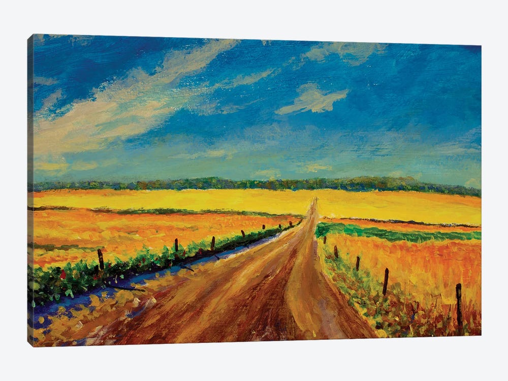 Oil Painting Road In A Yellow Field Of Ripe Grain Ears Russian Landscape Art by Valery Rybakow 1-piece Canvas Art