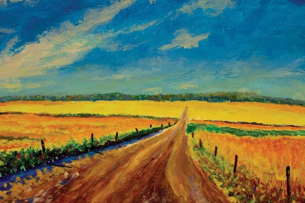 Valery Rybakow: Oil Painting Road In A Yellow Field Of Ripe Grain Ears Russian Landscape Art by Valery Rybakow