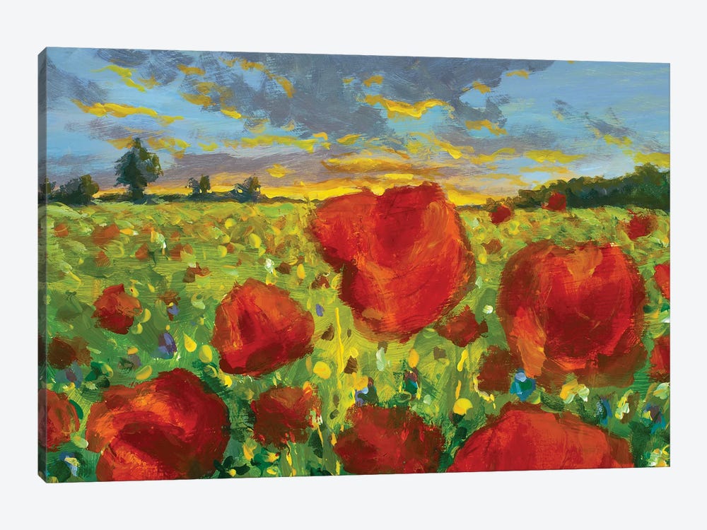 Oil Painting Poppy Field At Sunset. Large Red Flowers Poppies In The Meadow Creativity Impressionism by Valery Rybakow 1-piece Canvas Art
