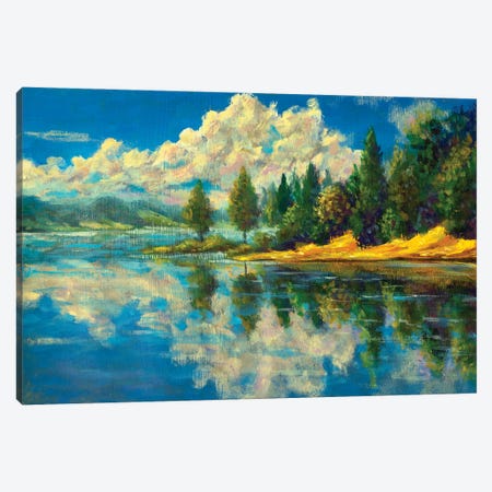 Sunny Painting Landscape Lake Shore With Autumn Trees And Clouds Reflected In The Water Art Canvas Print #VRY1003} by Valery Rybakow Canvas Art Print