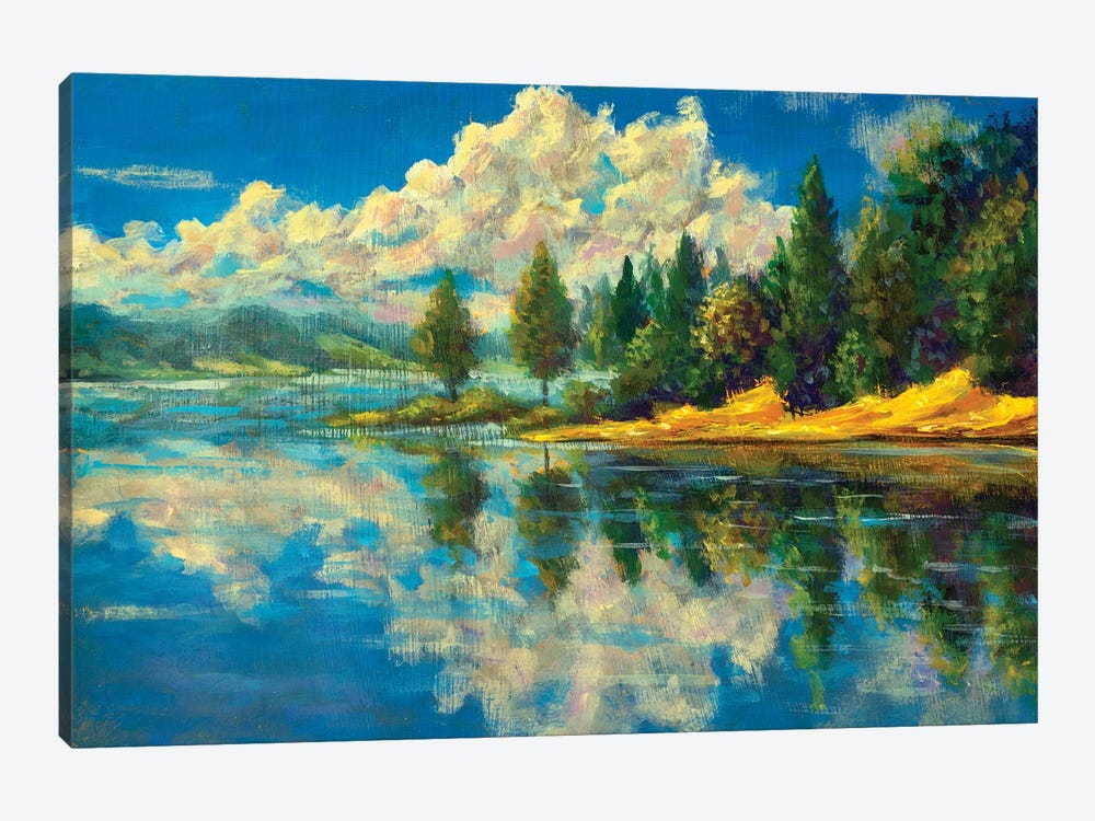 Sunny Painting Landscape Lake Shore With Autumn Trees And Clouds Reflected In The Water Art by Valery Rybakow 1-piece Canvas Print