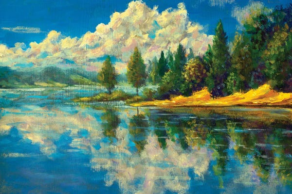 Sunny Painting Landscape Lake Shore With Autumn Trees And Clouds Reflected In The Water Art