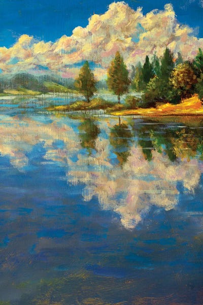 Vertical Painting Landscape Autumn Trees And Clouds Reflected In Water