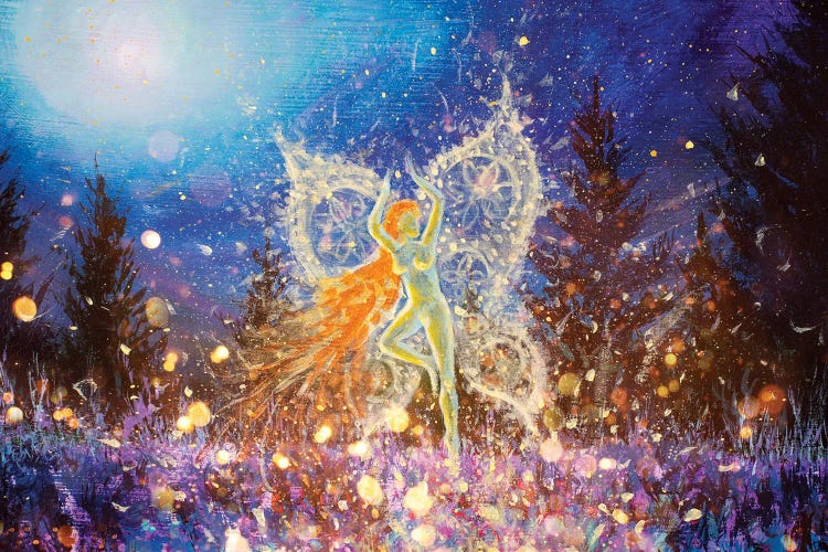 Glowing Night Fairy Girl Butterfly In Magical Night Forest