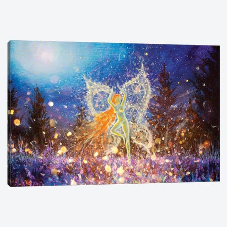 Glowing Night Fairy Girl Butterfly In Magical Night Forest Canvas Print #VRY1006} by Valery Rybakow Canvas Wall Art